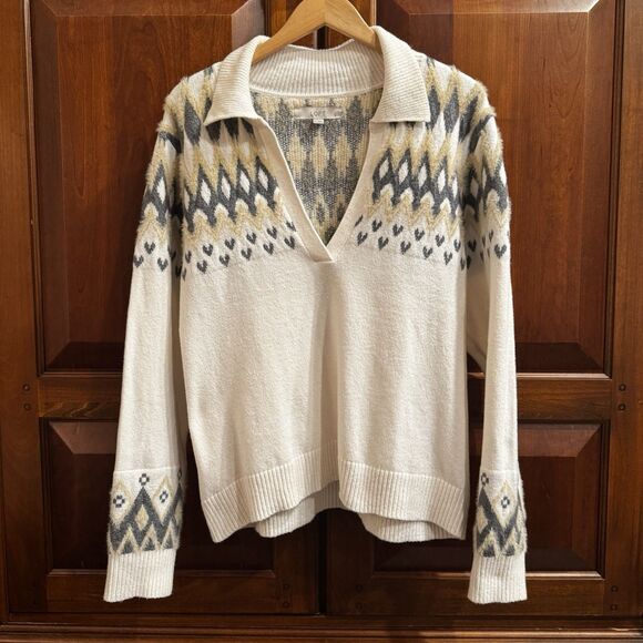 Loft Cream Nordic Fair Isle Collared Split Neck Soft & Cozy Sweater XL - Picture 16 of 16